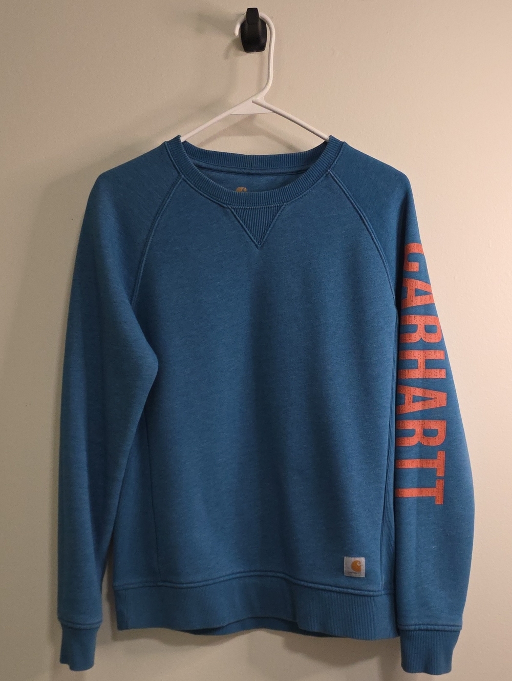 Carhartt Blue Crewneck Sweatshirt with Orange Sleeve Logo